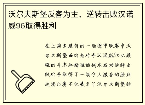 沃尔夫斯堡反客为主，逆转击败汉诺威96取得胜利