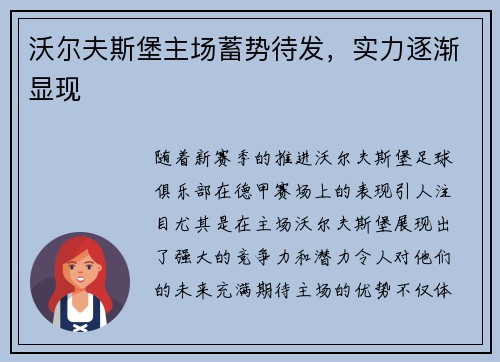 沃尔夫斯堡主场蓄势待发，实力逐渐显现