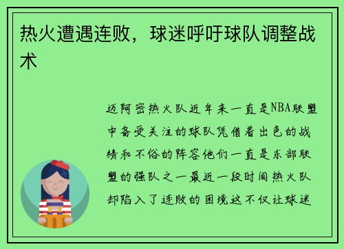 热火遭遇连败，球迷呼吁球队调整战术